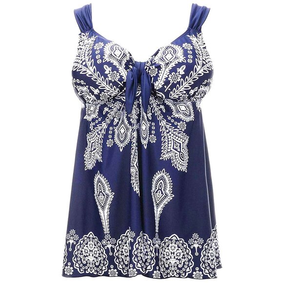 Plus Navy Blue Paisley Print 2Pc Swimdress Set Wide Strap Women Size 26 Swimwear - Picture 3 of 12